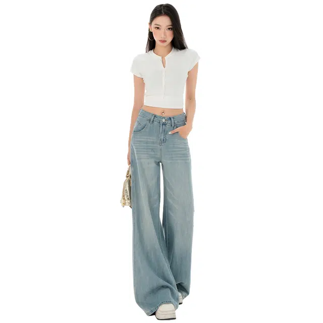 玫丝朵 美式复古通勤百搭宽松阔腿垂感牛仔裤 女款
