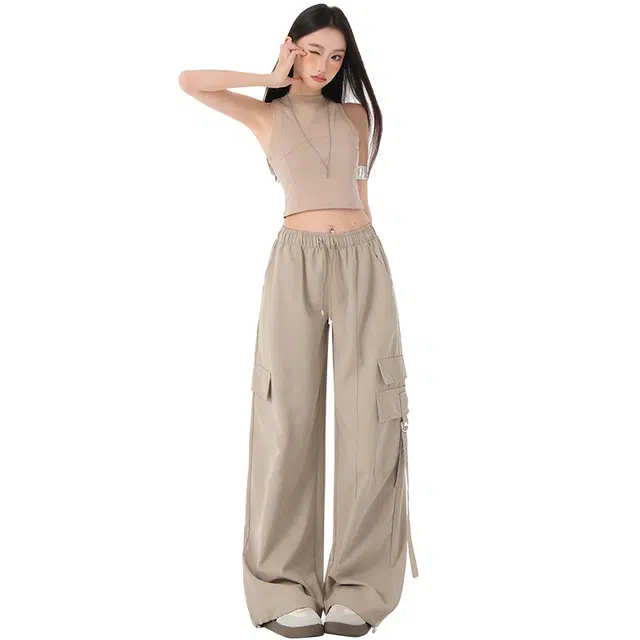 玫丝朵 美式宽松阔腿纯色时尚百搭工装休闲裤 女款