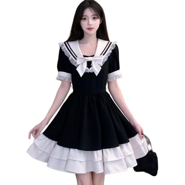 桴生 学院风海军领蝴蝶结女学生韩版宽松夏季小个子公主裙子 短袖连衣裙 女款