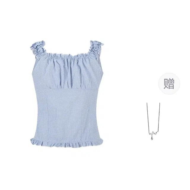 识恩 格子短袖女夏木耳边小飞袖一字肩上衣衬衫 女款