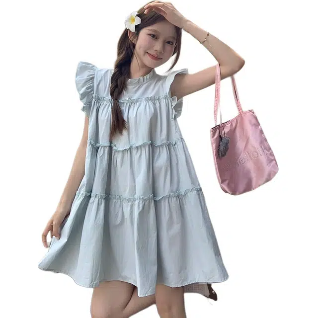 囍鱼少女 甜美减龄飞飞袖 女夏季小个子简约百搭宽松显瘦短裙无袖连衣裙 女款