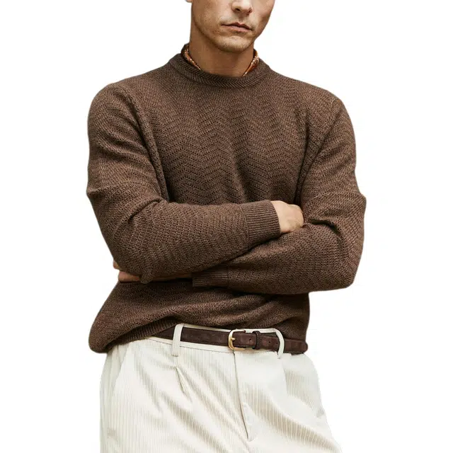 丹宁哲学 高克重纯山羊绒粗针几何图案常规长袖圆领直筒型套头针织衫 男款