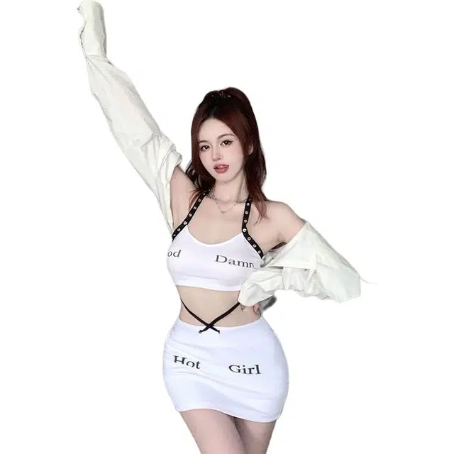 囍鱼少女 纯欲风字母印花挂脖吊带上衣高腰包臀短裙子两件套裙装套装 女款