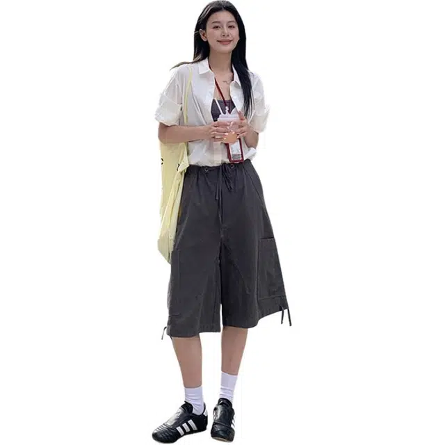拾籍 美式复古重工纱洗抽绳高腰设计宽松阔腿显腿长七分工装裤时尚百搭短裤 女款