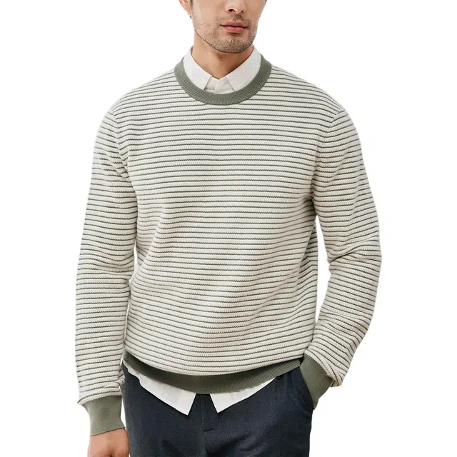 丹宁哲学 蓬松保暖百搭条纹常规长袖圆领宽松型套头针织衫 男款