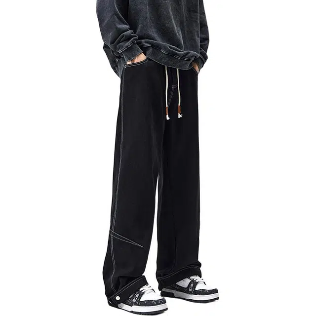 帝狼牛 美式复古明线宽松高腰男系带百搭纯色休闲阔腿直筒裤子牛仔裤 男女同款