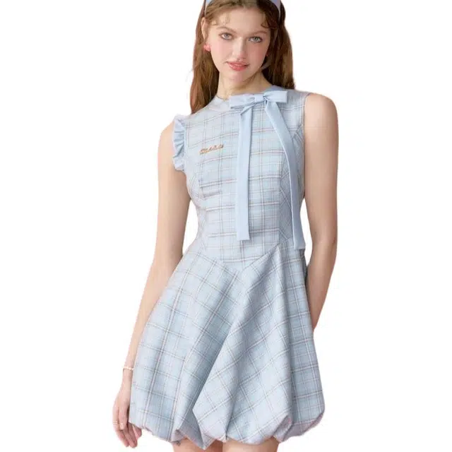 囍鱼少女 小清新格子裙甜美花苞裙女森系小众设计感短裙无袖连衣裙 女款