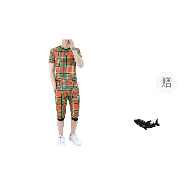 大白鲨 品牌轻奢欧版格子印花两件套短袖短裤夏季常规圆领宽松型休闲运动套装 男女同款