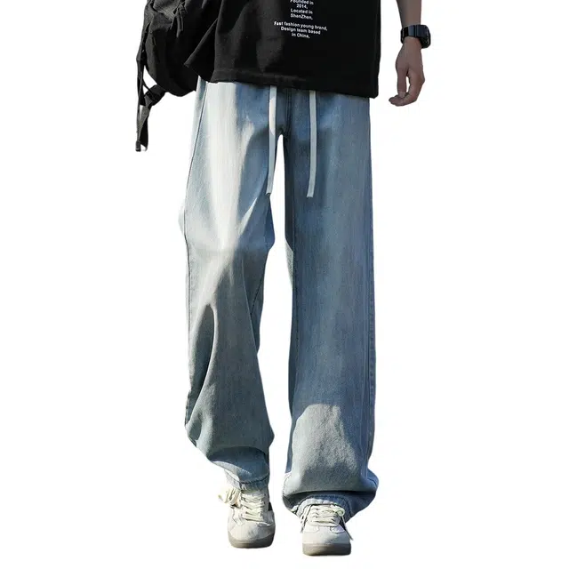 顶峰保罗 冰丝美式潮牌宽松直筒裤子高级感无性别主义百搭垂感阔腿复古高街弹力抽绳牛仔裤 男女同款