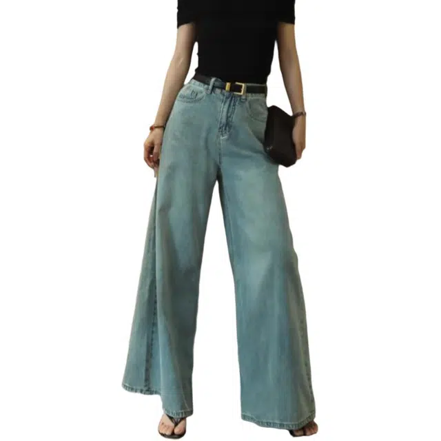囍鱼少女 复古港风大裤腿做旧高腰阔腿牛仔裤 女款