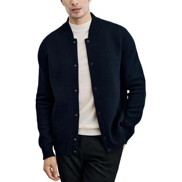 丹宁哲学 美丽诺羊毛棒球领加厚纯色常规长袖立领宽松型开衫针织衫 男款