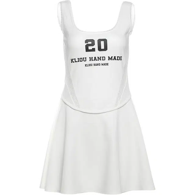 囍鱼少女 夏美式运动风字母印花蕾丝镂空露腰裙显瘦百搭辣妹短裙吊带连衣裙 女款