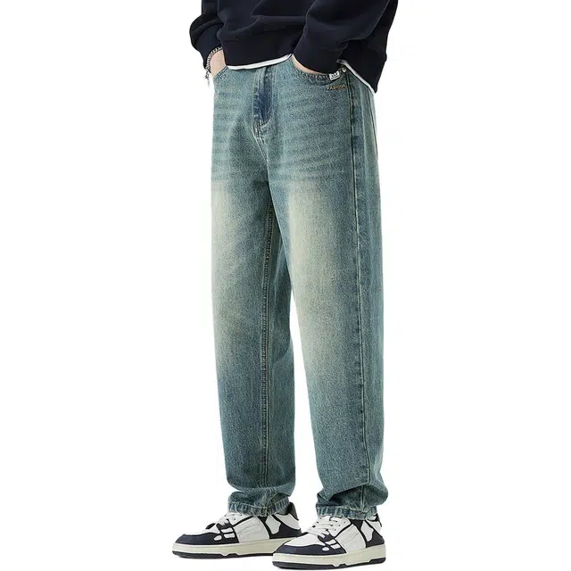 帝狼牛 美式高街舒适水洗简约百搭宽松哈伦做旧纯色基础款柔软休闲时尚日常通勤中腰废土风潮牌牛仔裤 男女同款