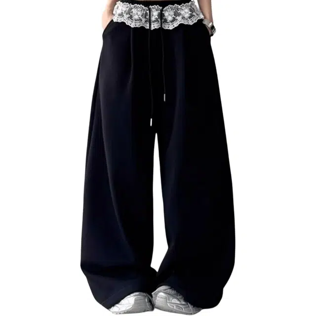 柏黛妃 慵懒松弛感蕾丝花边拼接西装阔腿裤休闲裤 女款