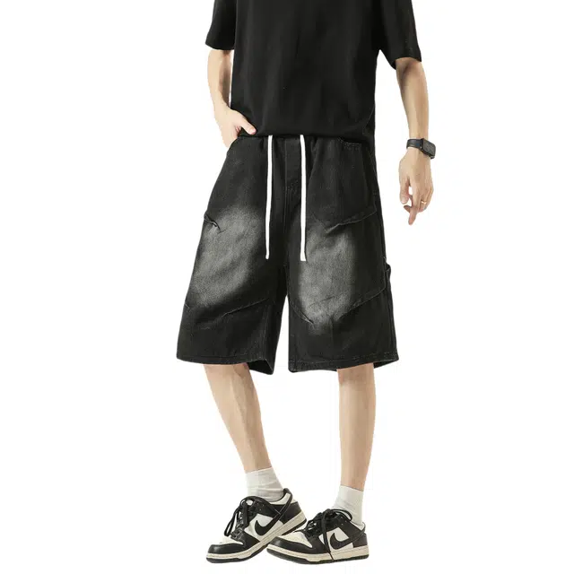 加荣 美式小众设计感青少年日常出行通勤褶皱直筒五分裤男夏季轻薄透气休闲中裤潮牌百搭高街牛仔短裤 男女同款