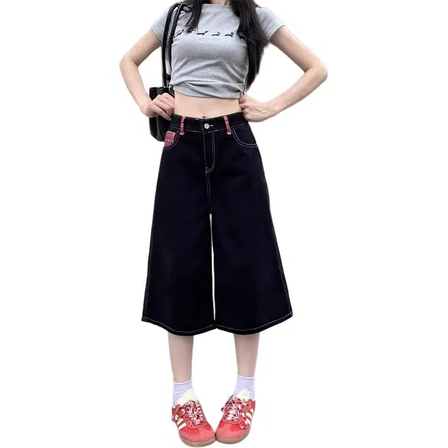 邓大喵 美式复古格子拼接七分裤低腰炸街宽松工装中裤牛仔短裤 女款