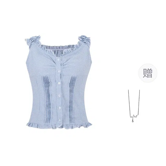 识恩 格子短袖女夏木耳边小飞袖一字肩上衣衬衫 女款