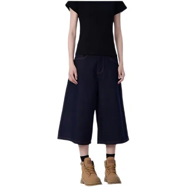 木木兔 男女同款潮流时尚美式七分裤显瘦裤阔腿百搭减龄中裤子牛仔短裤 女款