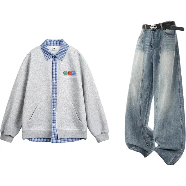 梓润格 百搭潮流春秋假两件长袖美式阔腿日常上班族格子校园风学生氛围感高级牛仔裤高街宽松设计感弯刀裤穿搭卫衣套装 男女同款
