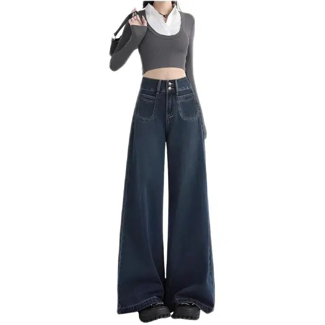 木木兔 潮流时尚美式复古小个子微辣裤宽松显瘦遮胯收腹拖地裤 牛仔裤 女款