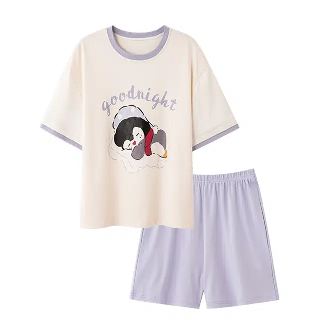俏韵 圆领卡通企鹅夏季甜美可爱短袖短裤休闲舒适薄款家居服可外穿睡衣套装 女款