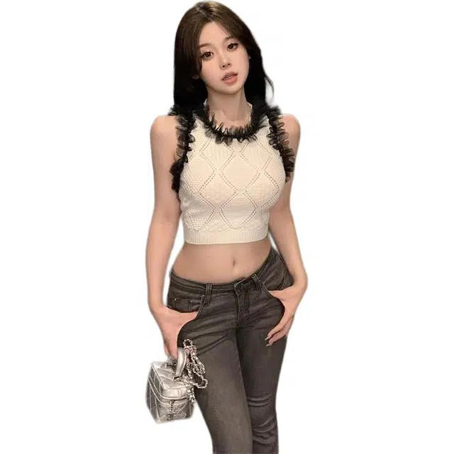 囍鱼少女 小香风镂空无袖吊带背心女外穿夏法式独特别致纯欲甜辣妹上衣抹胸 女款