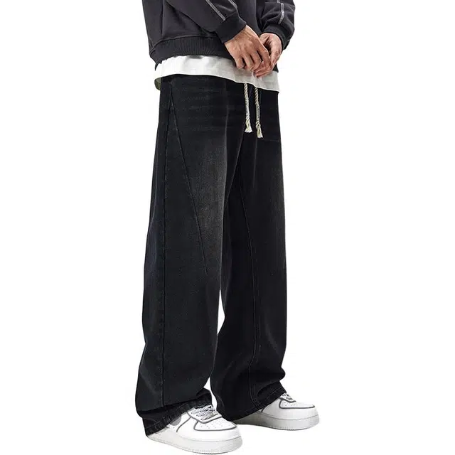 帝狼牛 复古水洗做旧磨白高街潮流水波纹阔腿百搭中性风抽绳牛仔裤 男女同款