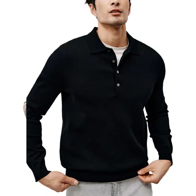 丹宁哲学 高支长绒棉紧密织法极简款纯色常规长袖翻领套头针织衫 男款