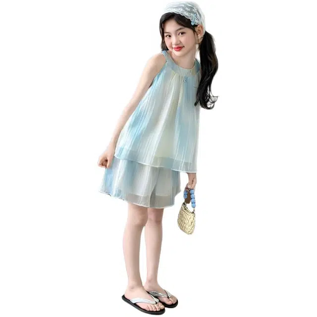 比比我儿童休闲运动套装 女童夏季套服装小孩衣服 小女孩挂脖流光裙两件套  大童潮