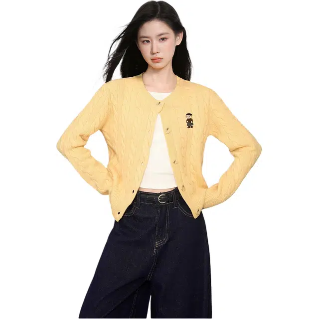 柏黛妃 麻花小熊刺绣长袖内搭打底外套短款上衣针织衫 女款