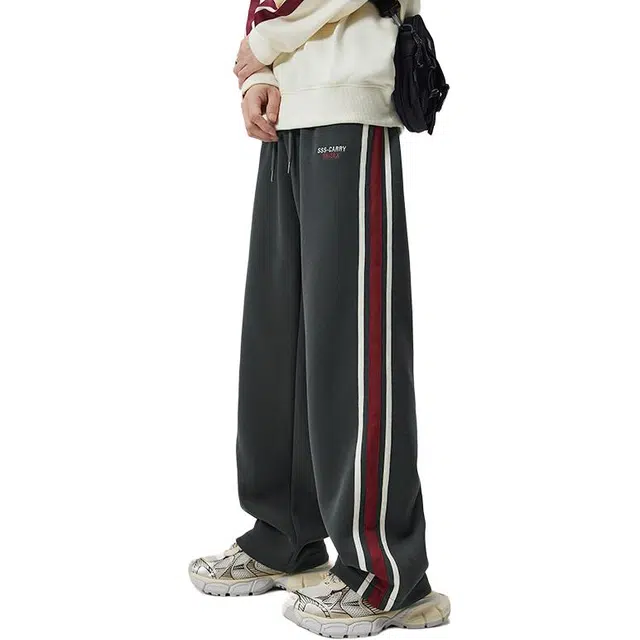 帝狼牛 宽松直筒裤子男士美式潮牌拖地裤条纹撞边卫裤运动休闲裤 男女同款