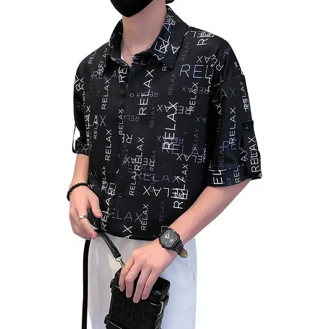 加荣 冰丝垂感透气速干花潮牌字母满印短袖衬衣夏季薄款韩版小众高级感商务时尚潮流百搭翻领衬衫 男女同款