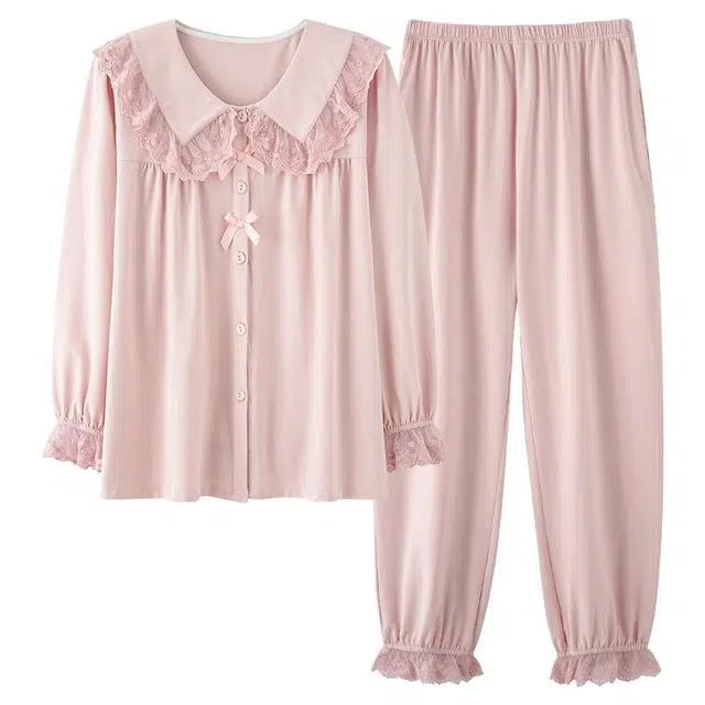 俏韵 翻领春秋季简约风长袖长裤甜美可爱休闲舒适薄款家居服可外穿睡衣套装 女款