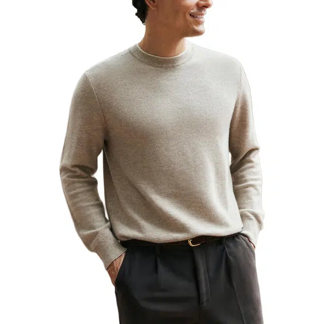 丹宁哲学 纯羊绒纱线双层撞色领纯色常规长袖圆领直筒型套头针织衫 男款