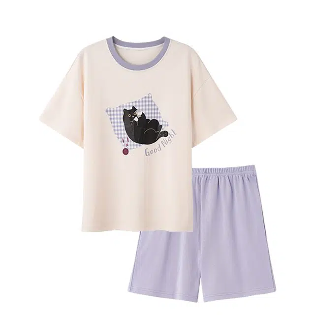 俏韵 圆领卡通夏季甜美可爱短袖短裤休闲舒适薄款家居服可外穿睡衣套装 女款