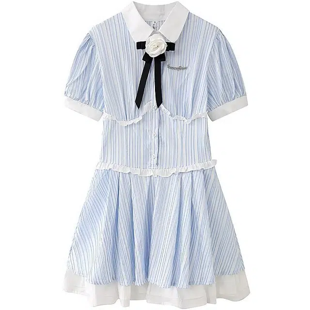 邓大喵 法式蓝白条纹衬衫领女夏季清纯少女公主裙收腰蛋糕蓬蓬裙子连衣裙 女款