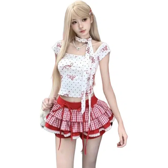 囍鱼少女 夏季辣妹甜美少女感蝴蝶结波点吊带上衣格纹蕾丝半身裙女裙装套装 女款