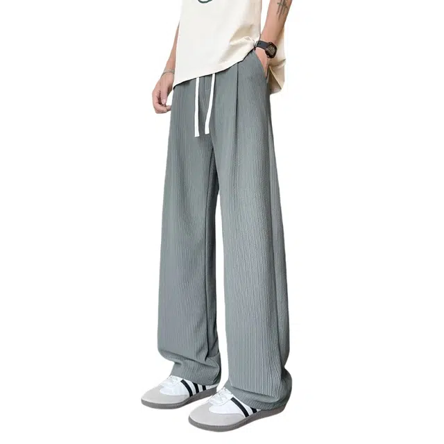 加荣 冰丝垂感高级感痞帅男士裤子夏季薄款透气宽松长裤潮流百搭青少年日常出行直筒阔腿裤松紧腰休闲裤 男女同款