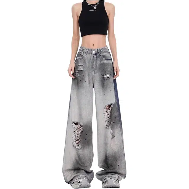 囍鱼少女 美式高街水洗拼色破洞女夏季薄款设计感低腰宽松阔腿拖地裤牛仔裤 女款