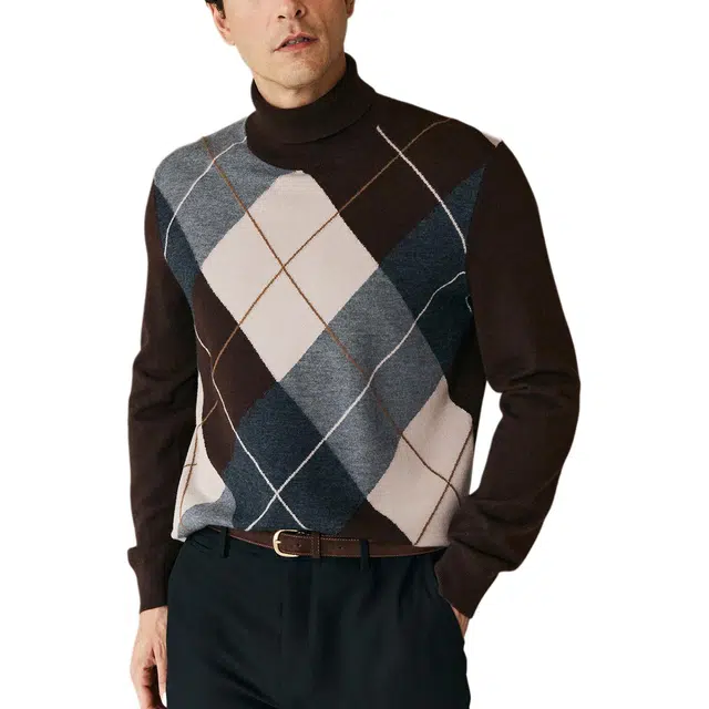 丹宁哲学 塔斯马尼亚羊毛菱形格提花冬季常规长袖可翻高领套头针织衫 男款