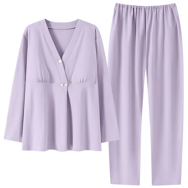 热妒 简约舒适纯棉孕期哺乳喂奶专用带胸垫可外穿长袖长裤家居服腰带可调节睡衣套装 女款