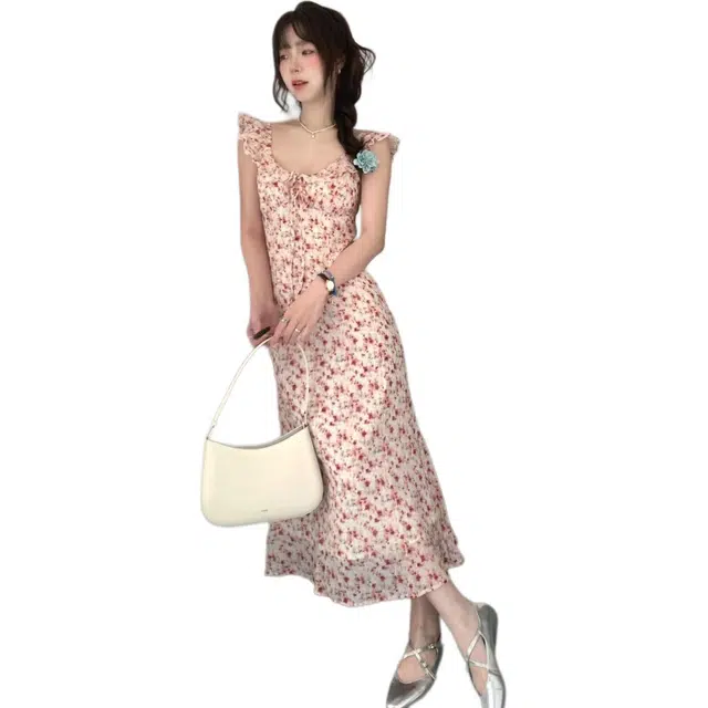 囍鱼少女 法式气质碎花裙高级感显瘦 夏季 韩系温柔背心长裙子短袖连衣裙 女款