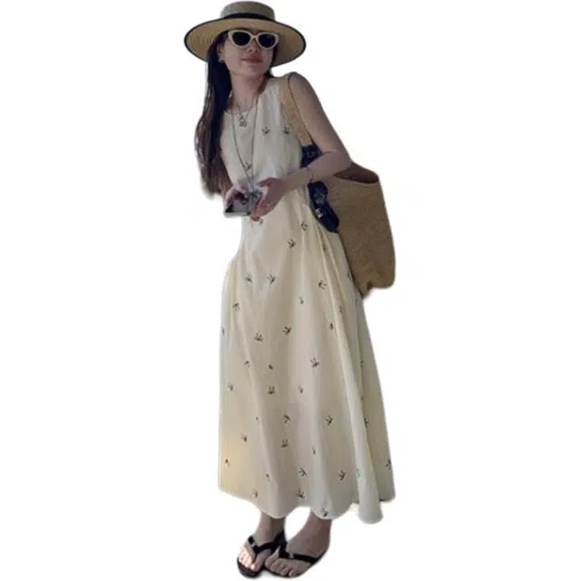 囍鱼少女 韩系印花裙宽松蝴蝶结背心裙无袖连衣裙 女款