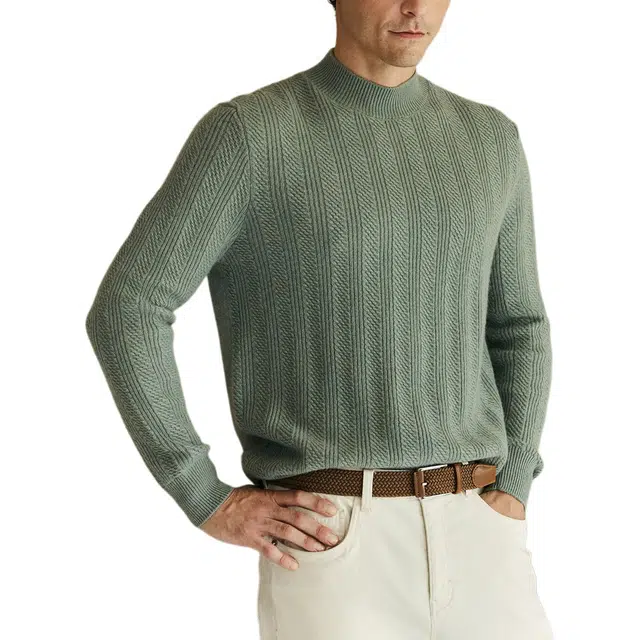 丹宁哲学 复古花纹纹理几何图案常规长袖半高领直筒型套头针织衫 男款