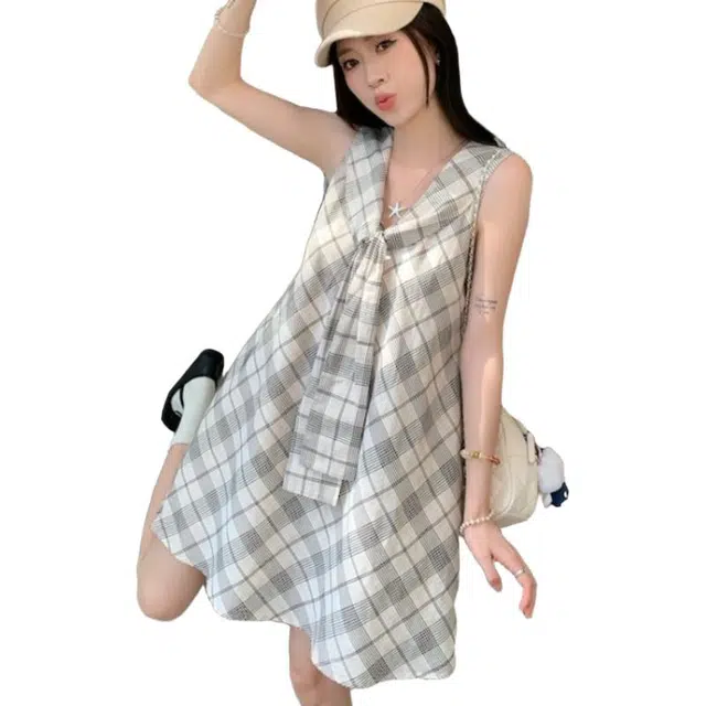 囍鱼少女 韩系海军领复古格纹气质吊带裙女慵懒裙女无袖连衣裙 女款