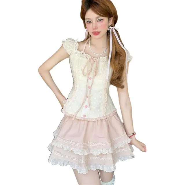 囍鱼少女 气质时尚甜美设计感收腰修身显瘦上衣蓬蓬短裙裙装套装 女款