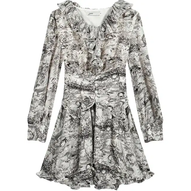 思蓓儿 设计感水墨画碎花法式腰封收腰长袖连衣裙 女款