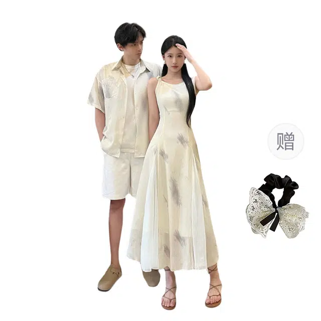 涂诗菲 新中式设计感复古水墨气质国风长裙连衣裙上衣短袖衬衫一衣一裙情侣套装