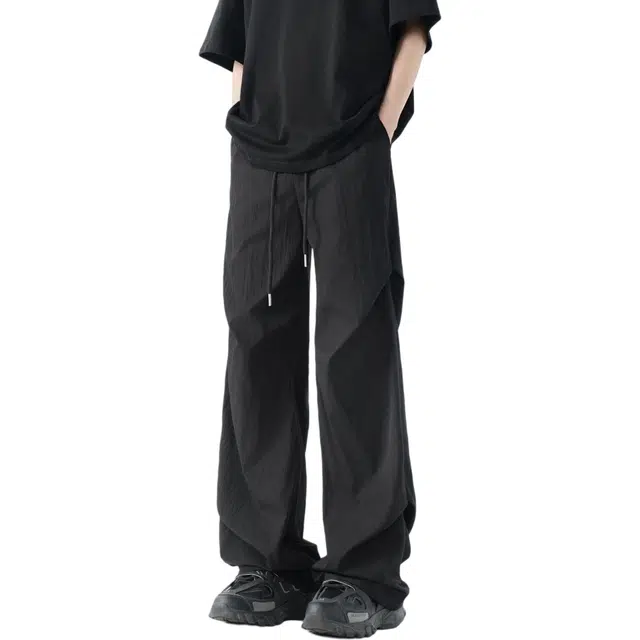 木林森 美式高街复古廊形弯刀阔腿时尚潮流设计感简约褶皱宽松直筒嘻哈街头日常户外通勤个性痞帅百搭系带休闲裤 男女同款