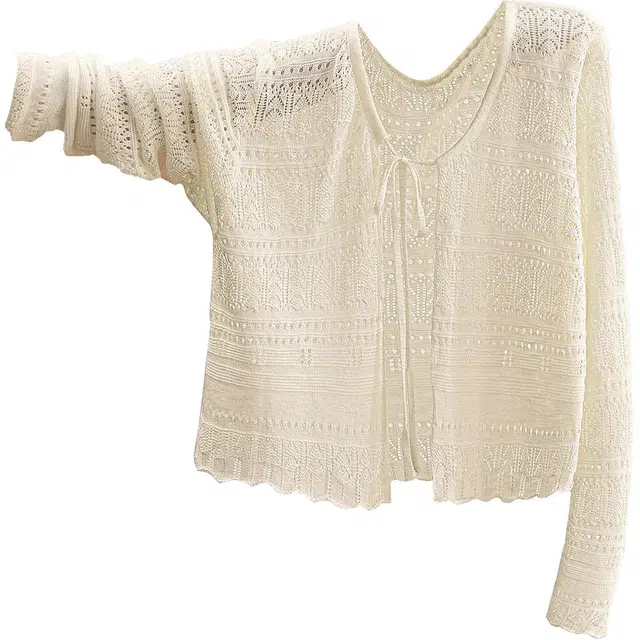 她池 温柔风镂空系带圆领短款气质开衫落肩长袖针织衫 女款